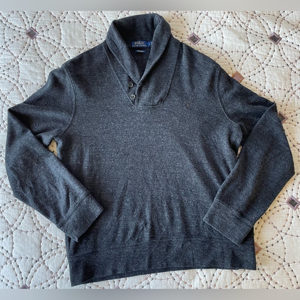 Polo Ralph Lauren Estate Rib Men's Button Shawl Mock Neck Gray Sweater Size M